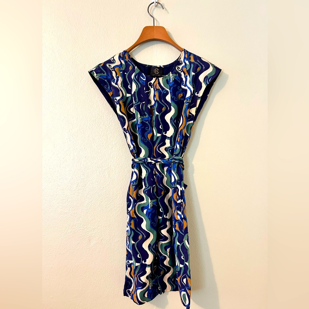 Castle Starr Blue, White, Green Silk Sheath Dress with Pockets and Sash Belt